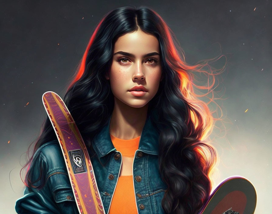 Digital artwork: Woman with long dark hair holding skateboard