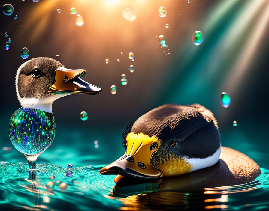 Vibrant digitally-altered ducks on water with colorful bubbles and ethereal light rays