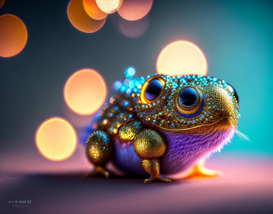 Colorful Chameleon-Like Creature with Dew-Covered Skin and Expressive Eyes