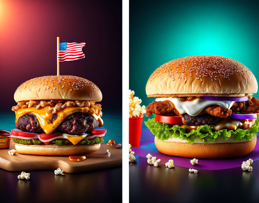 Double Cheeseburgers with Lettuce, Tomato, and Sauces on Wooden Boards and American Flag