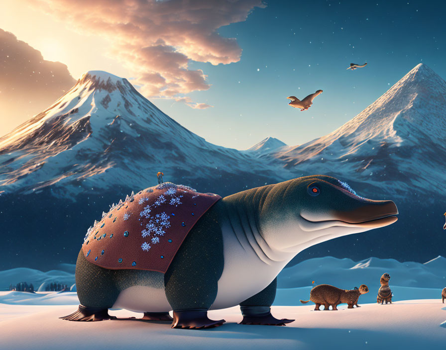 Friendly dinosaur in snowy scene with smaller dinosaurs under starry sky