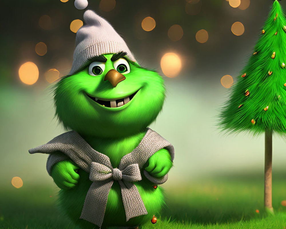 Festive 3D Animated Grinch-Like Character with Christmas Tree Smiling