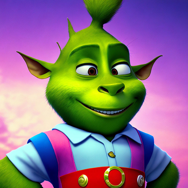 Green-skinned animated character with yellow eyes and horns in blue shirt and pink suspenders on purple-p