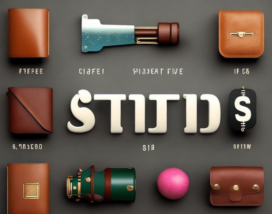 Assorted items with wallets, telescope, bag, and ball alongside stylized text elements.