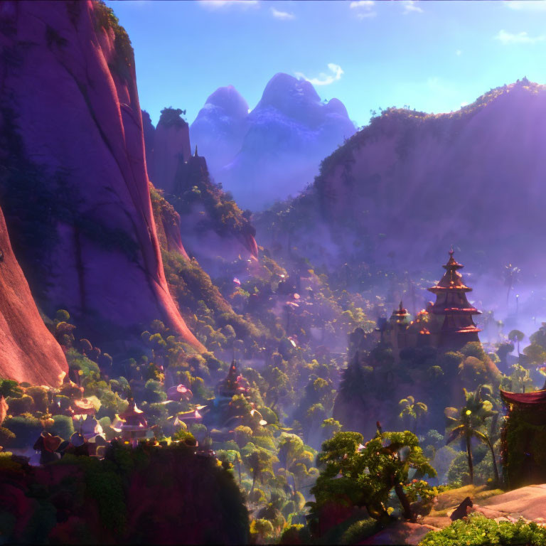 Mystical Asian-inspired temple in animated landscape