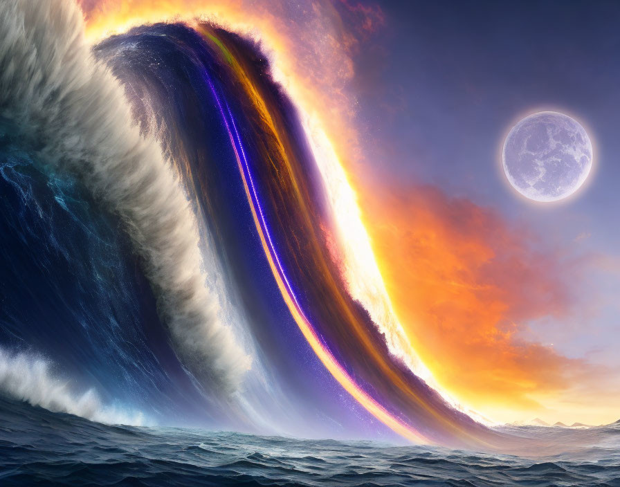 Towering Wave with Fiery Light Cresting Over Sea