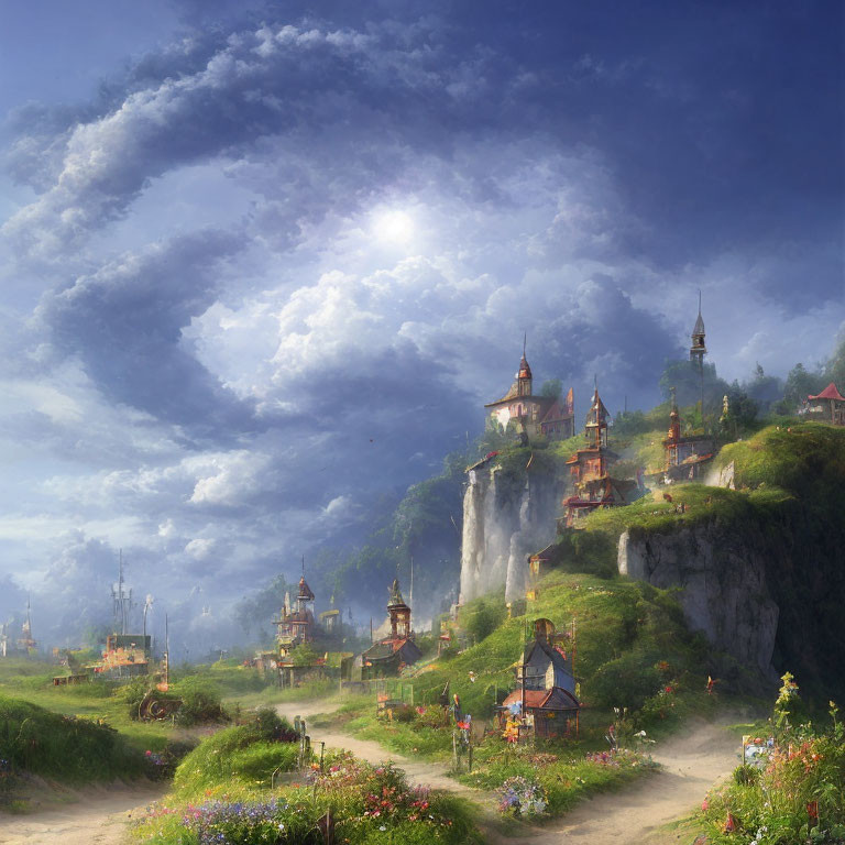 Tranquil fantasy landscape with village, cliffs, waterfalls, and dramatic sky