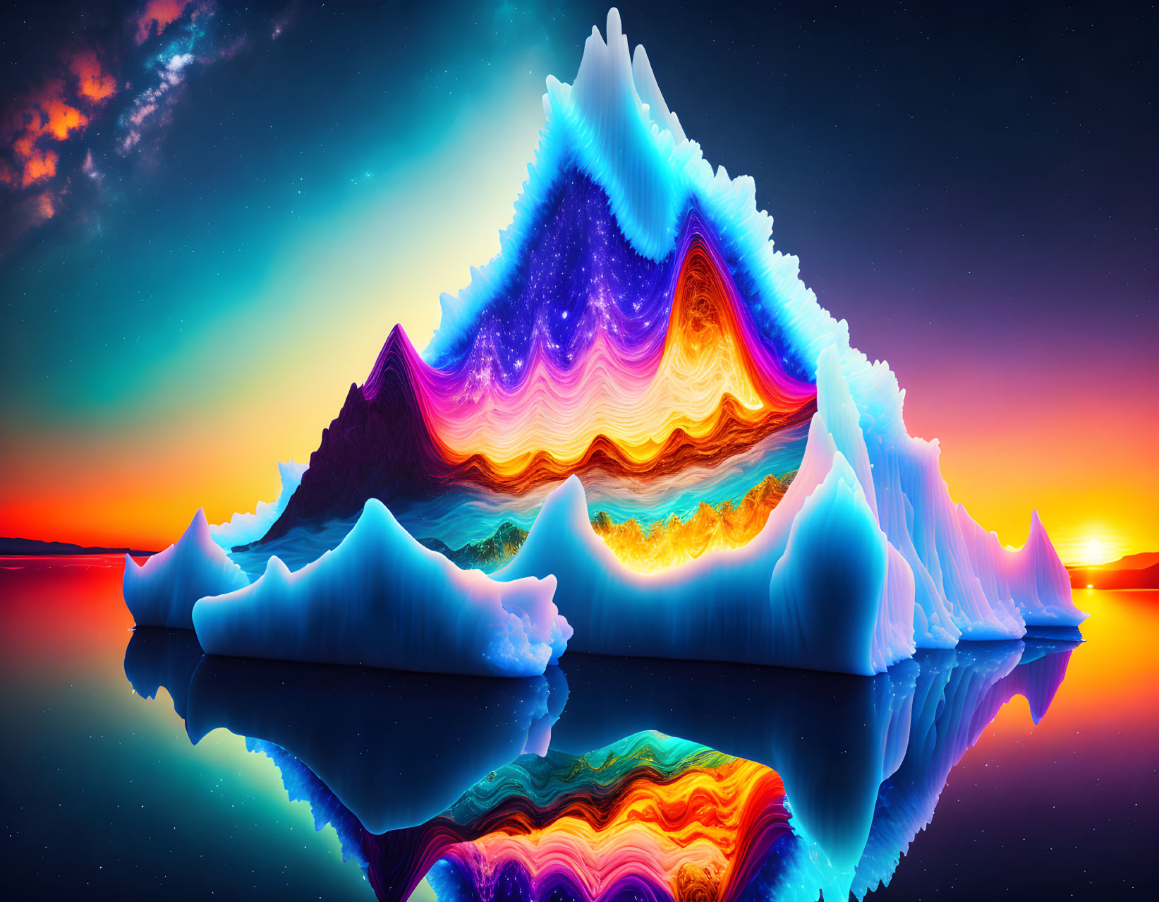 Colorful Digital Artwork: Iceberg with Neon Striations Reflecting on Tranquil Water at Sunset