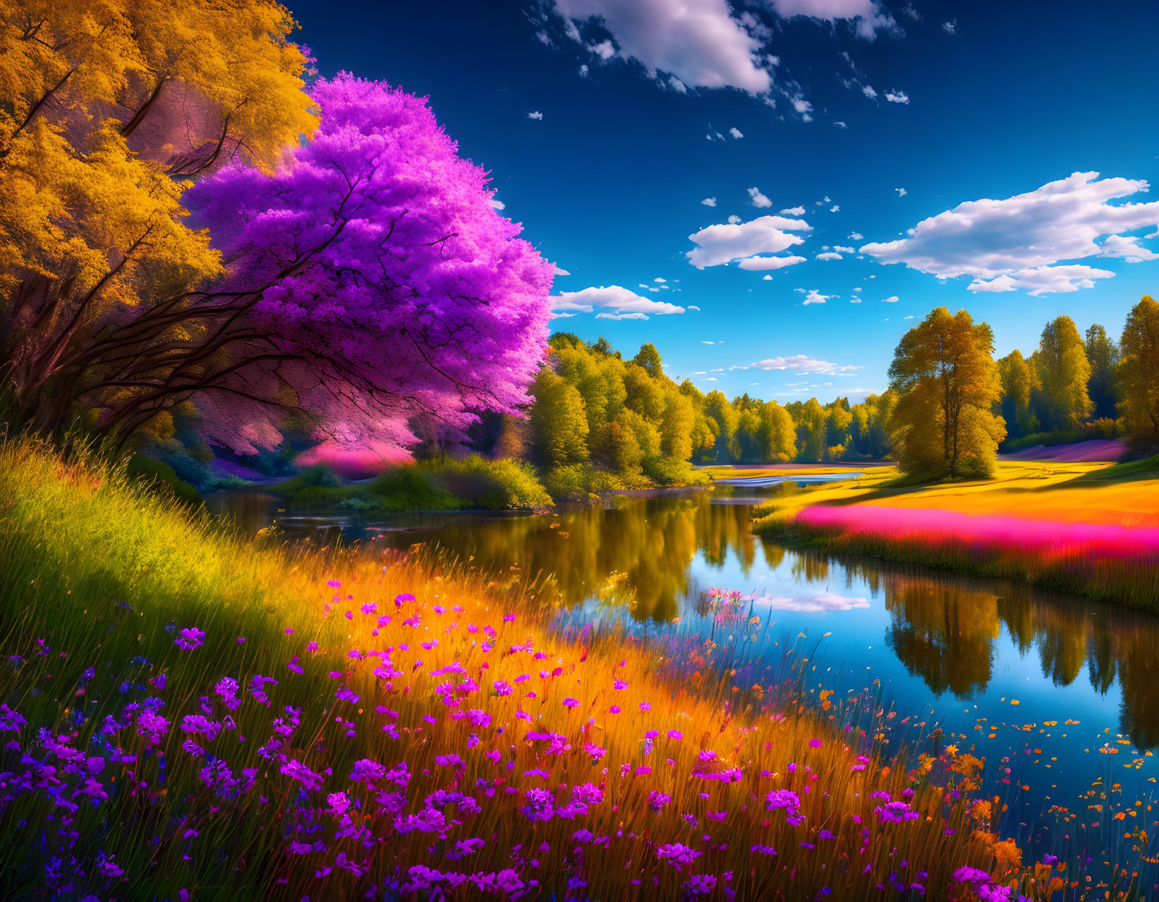 Colorful landscape with purple tree, wildflowers, lake, and blue sky