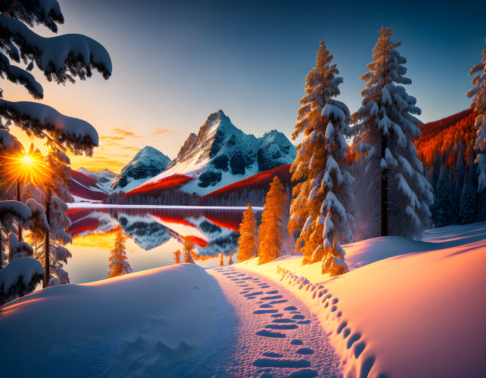 Snowy winter landscape with trees, mountain, lake, and footprints