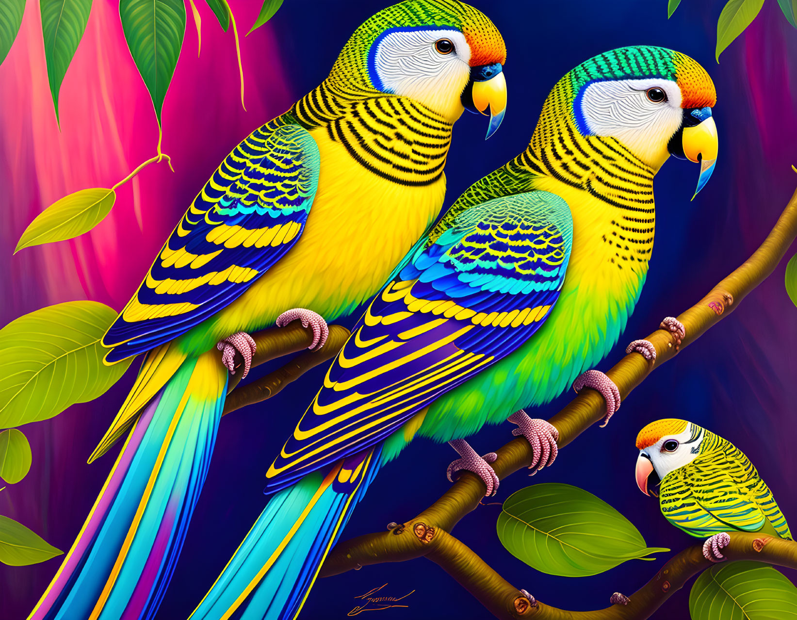 Colorful Budgerigars Perched on Branch Against Vibrant Background