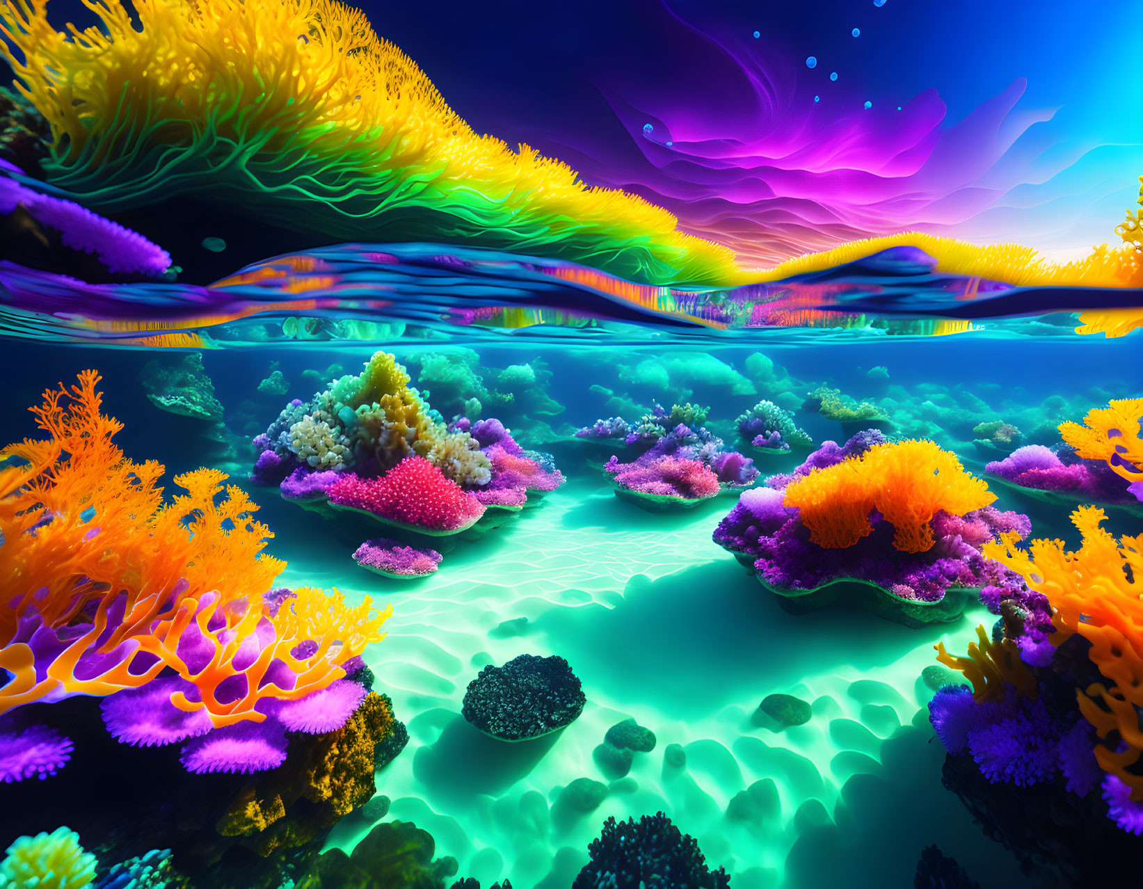 Colorful Coral Reef Under Purple Sky: Serene Underwater Scene