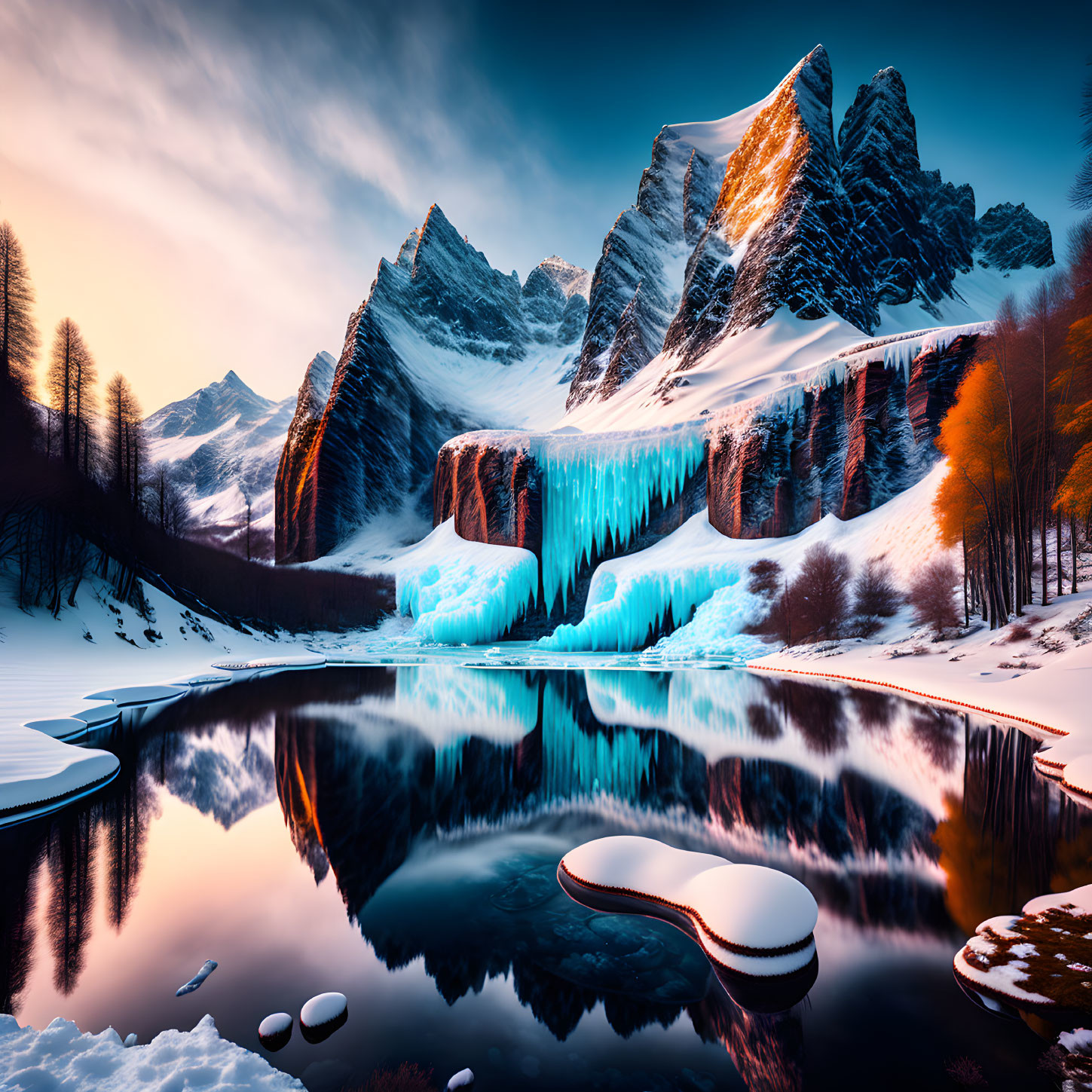 Snowy Mountain Peaks Over Frozen Lake with Waterfall at Dusk