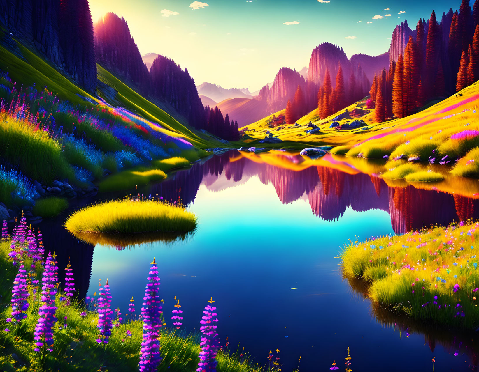 Serene lake with colorful wildflowers, pine trees, and mountain peaks