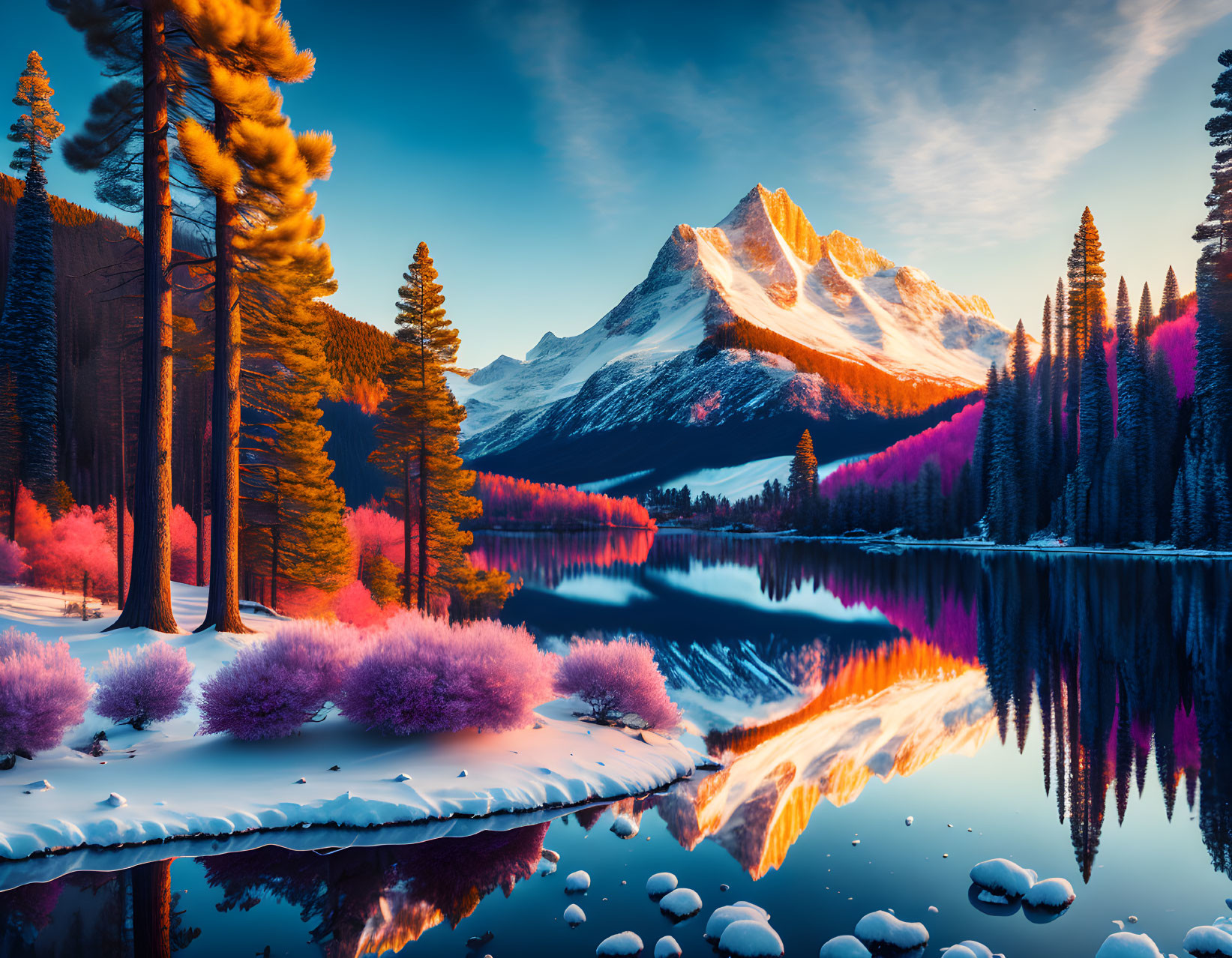 Scenic sunrise over mountain lake with snow-capped peaks and colorful flora