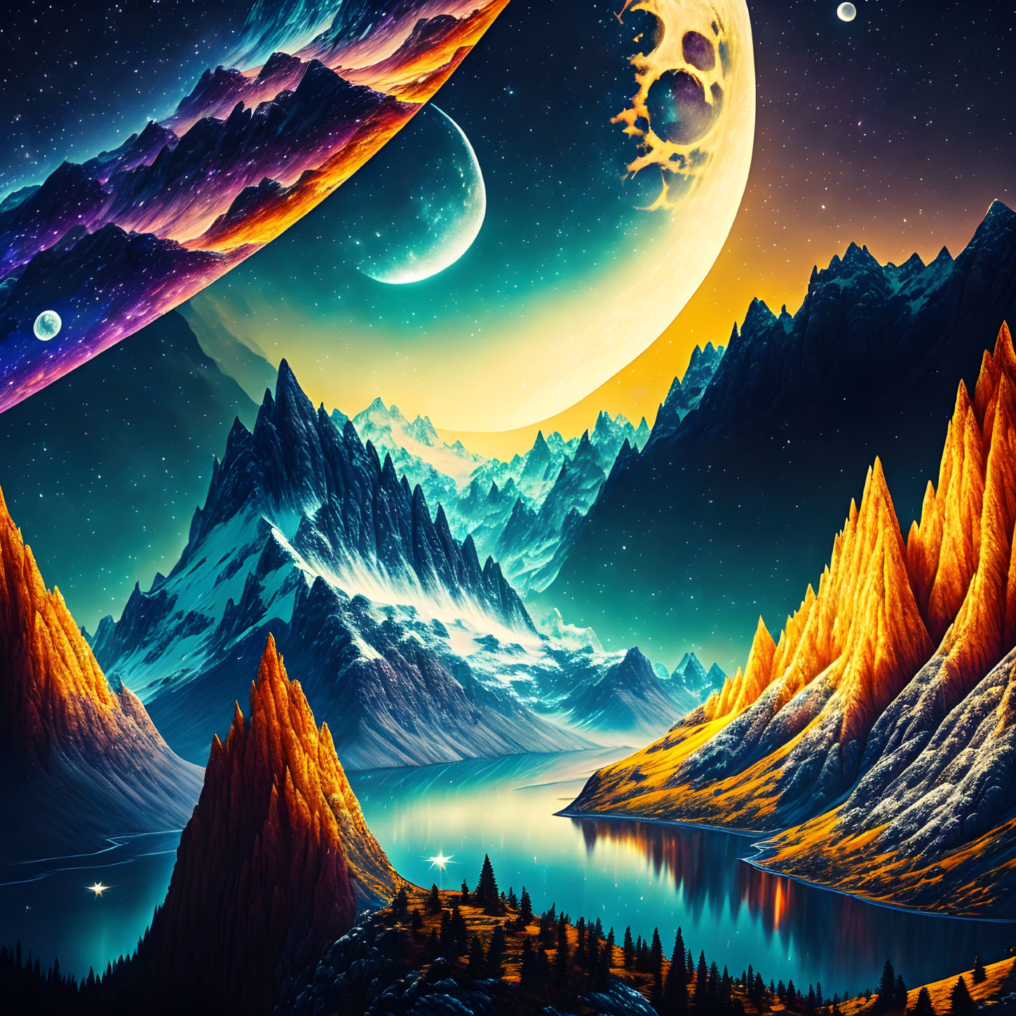 Surreal digital art of towering mountains, reflective lake, fiery trees, and fantastical sky
