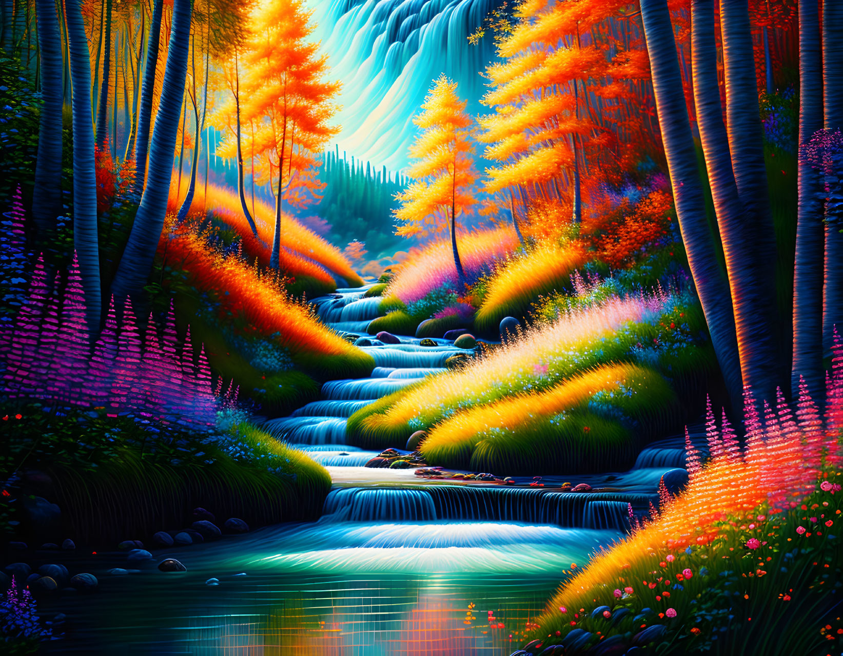 Surreal landscape with cascading waterfalls and glowing autumnal trees