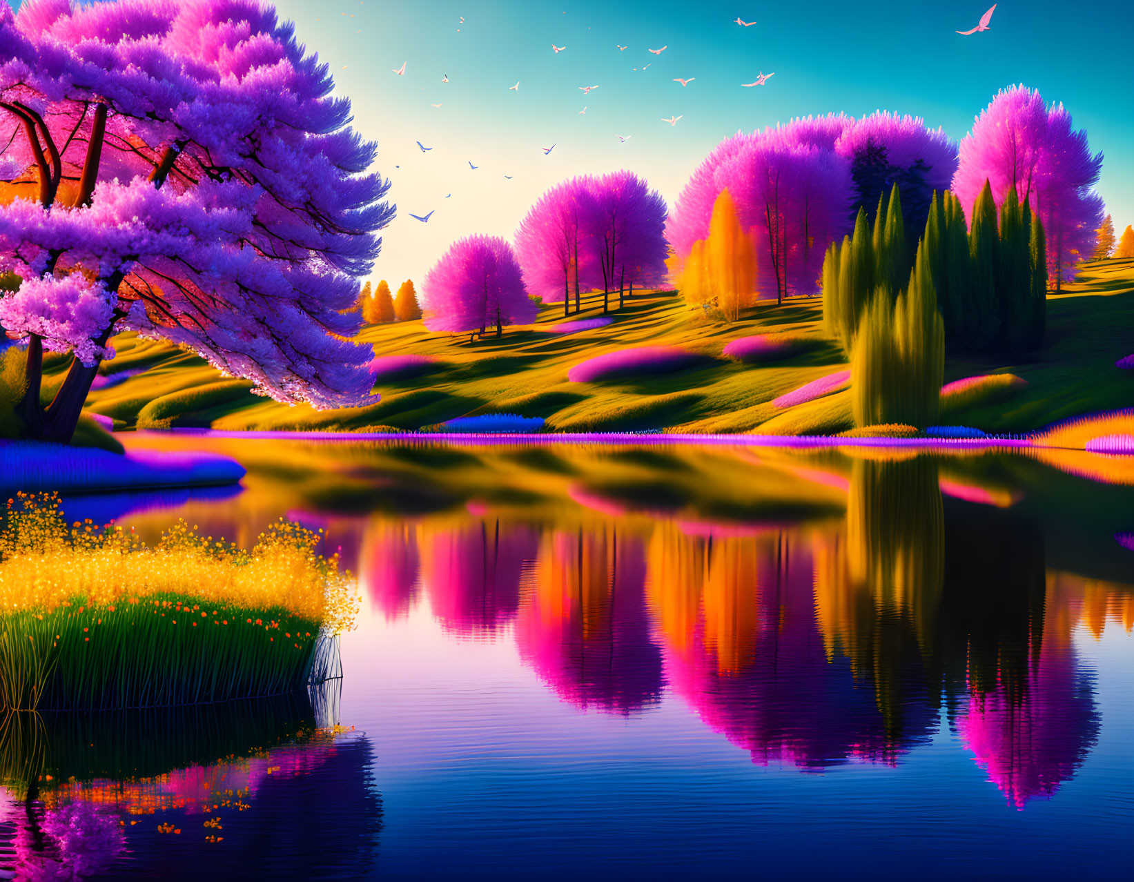 Serene landscape with pink blossoming trees and colorful birds