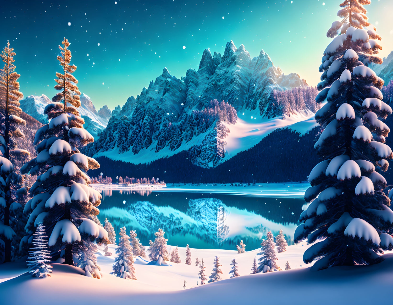 Snow-covered pine trees, calm lake, mountains, twilight sky in serene winter landscape