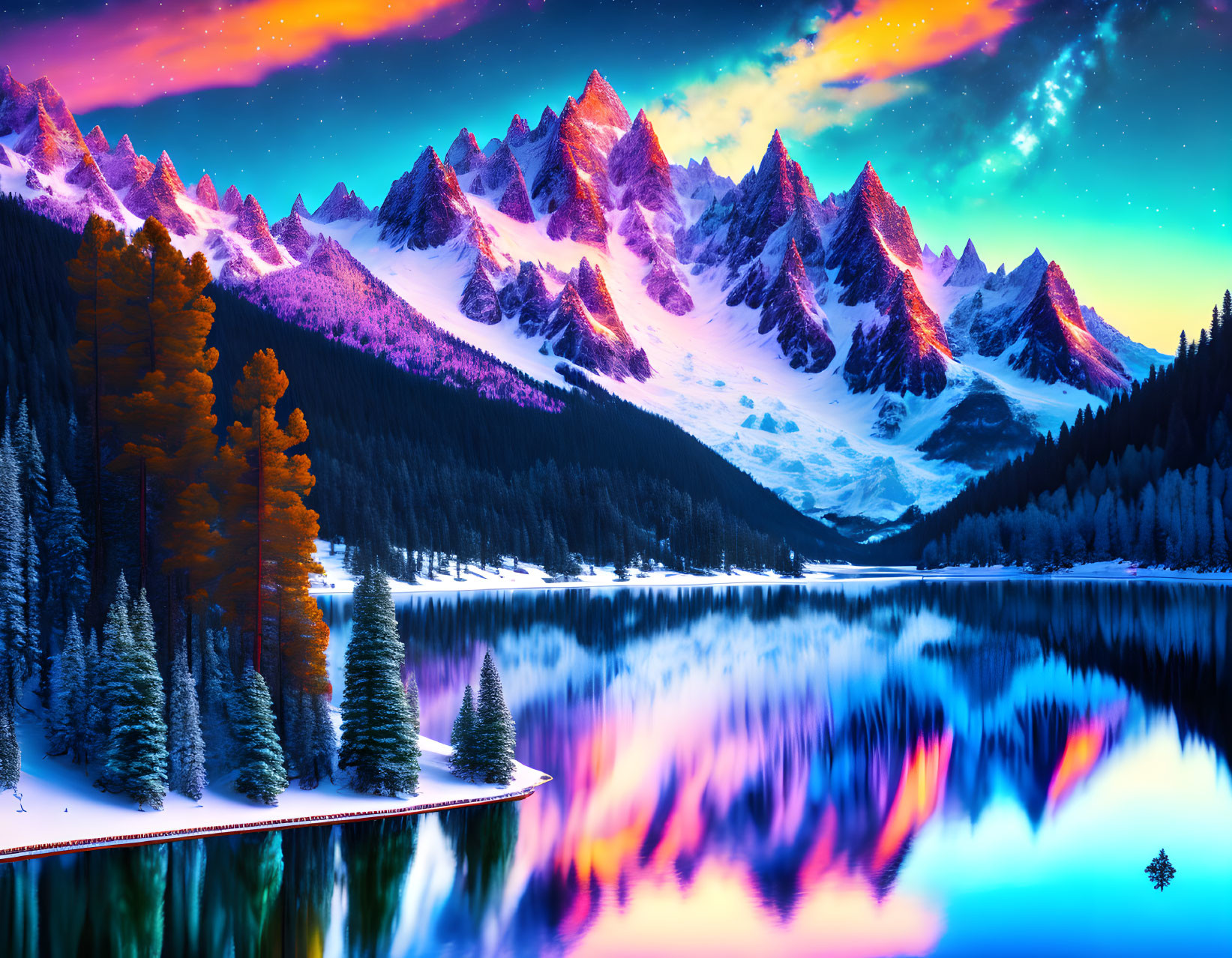 Scenic landscape with snow-capped mountains, forest, lake, and aurora-filled sky