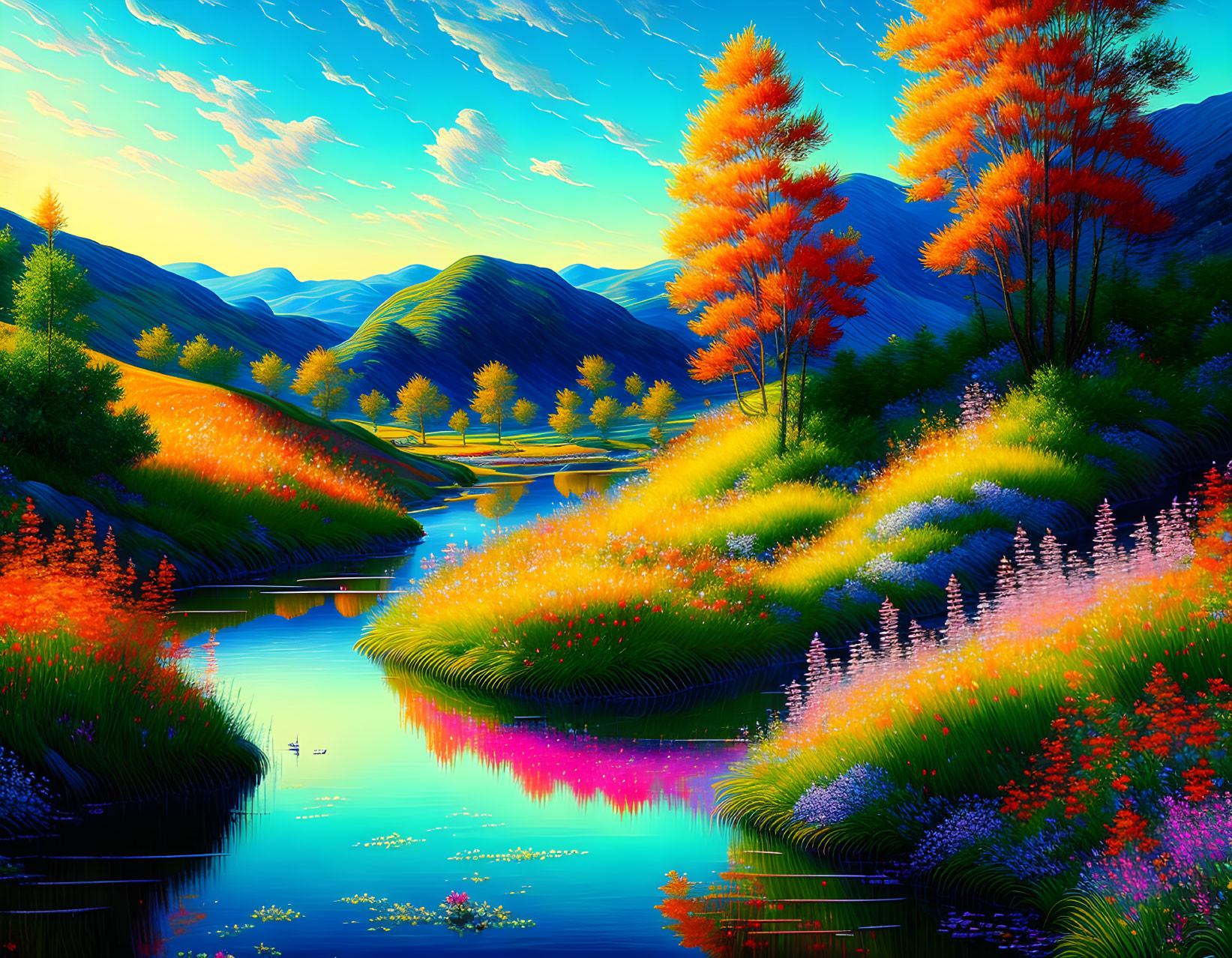 Colorful Landscape with Luminous Trees, River, and Hills