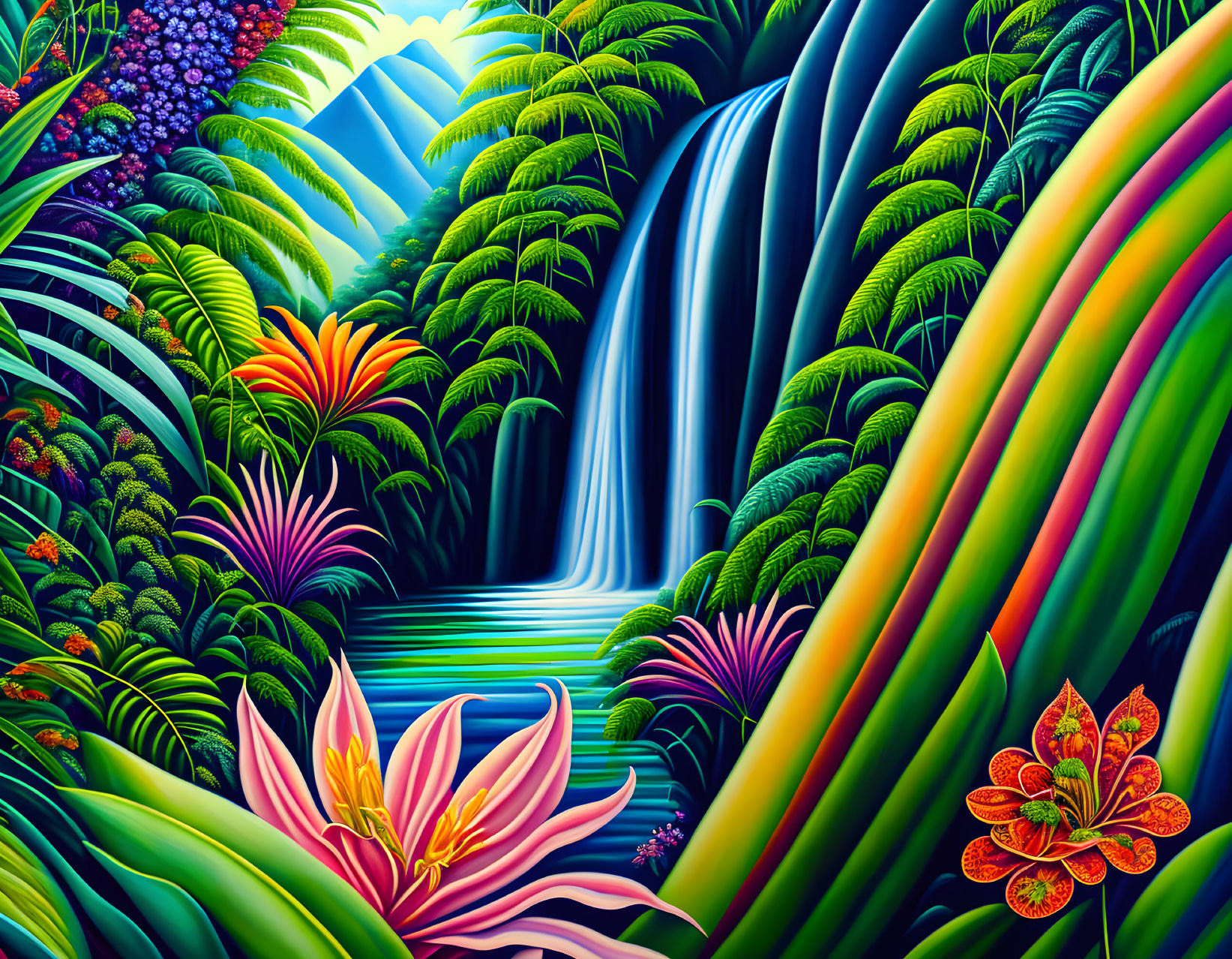 Colorful Tropical Waterfall Scene with Lush Foliage