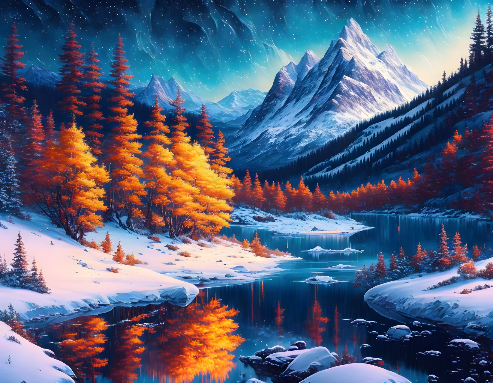 Colorful Autumn Mountain Landscape with River and Starry Sky