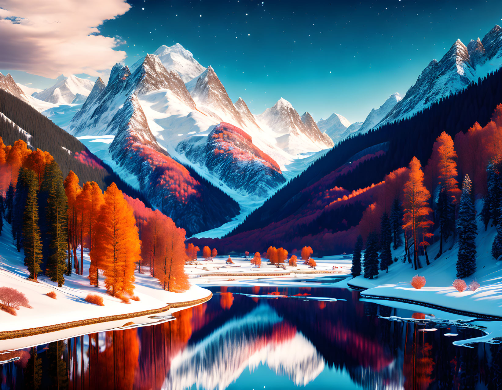 Autumnal landscape with snow-capped mountains, river, orange-leaved trees, starry sky