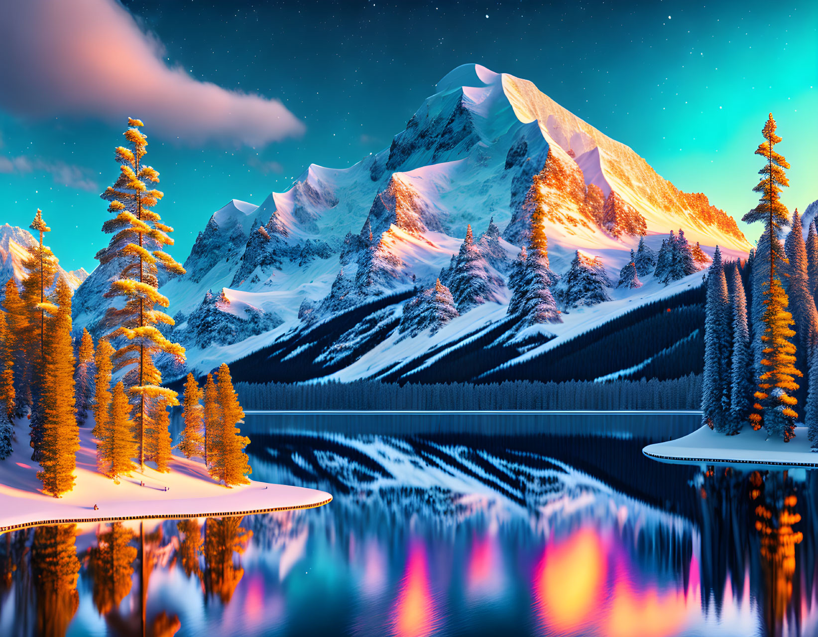 Snow-capped mountains, reflective lake, starry sky, and illuminated evergreen trees in twilight.