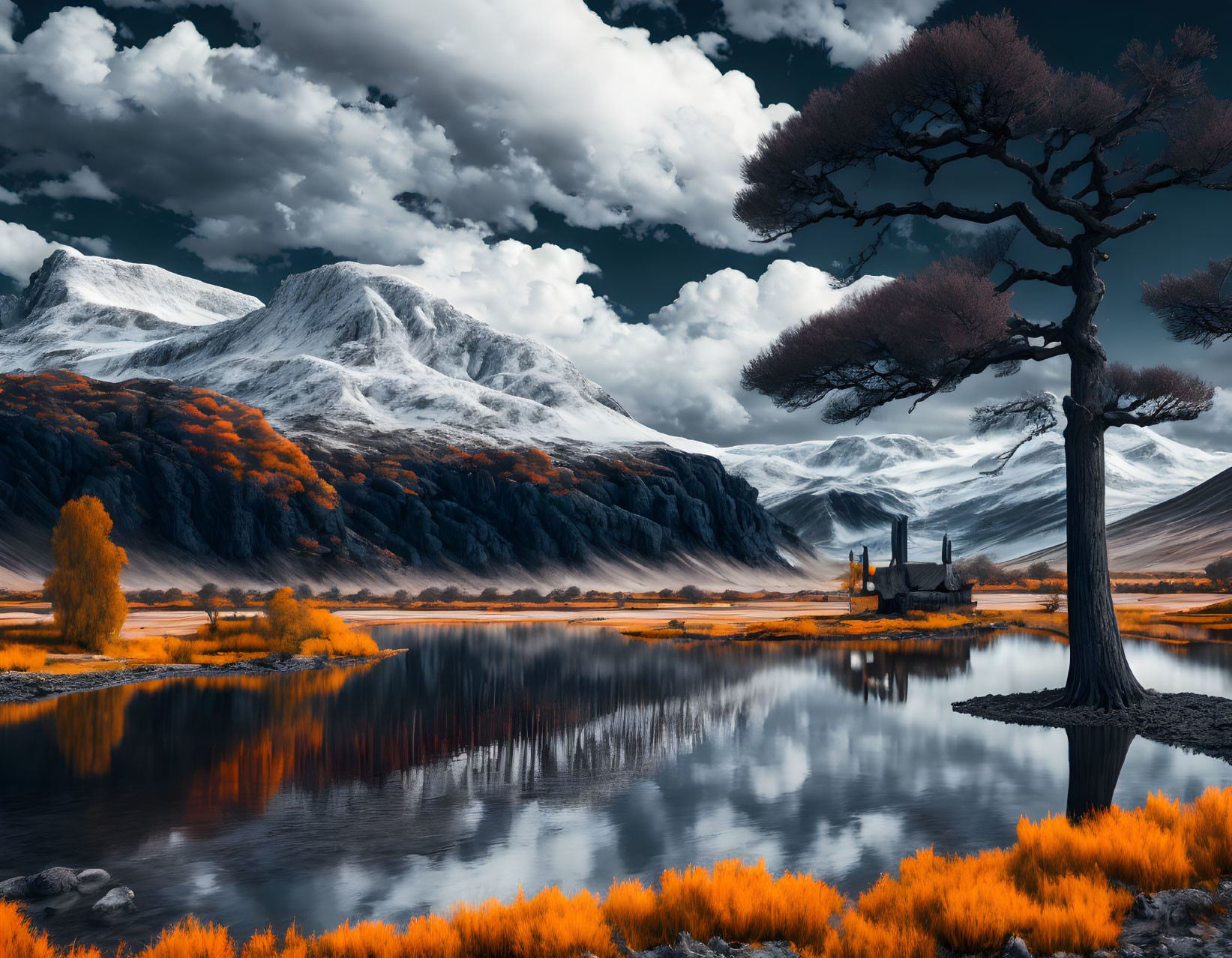 Tranquil lake scene with orange foliage and snowy mountains