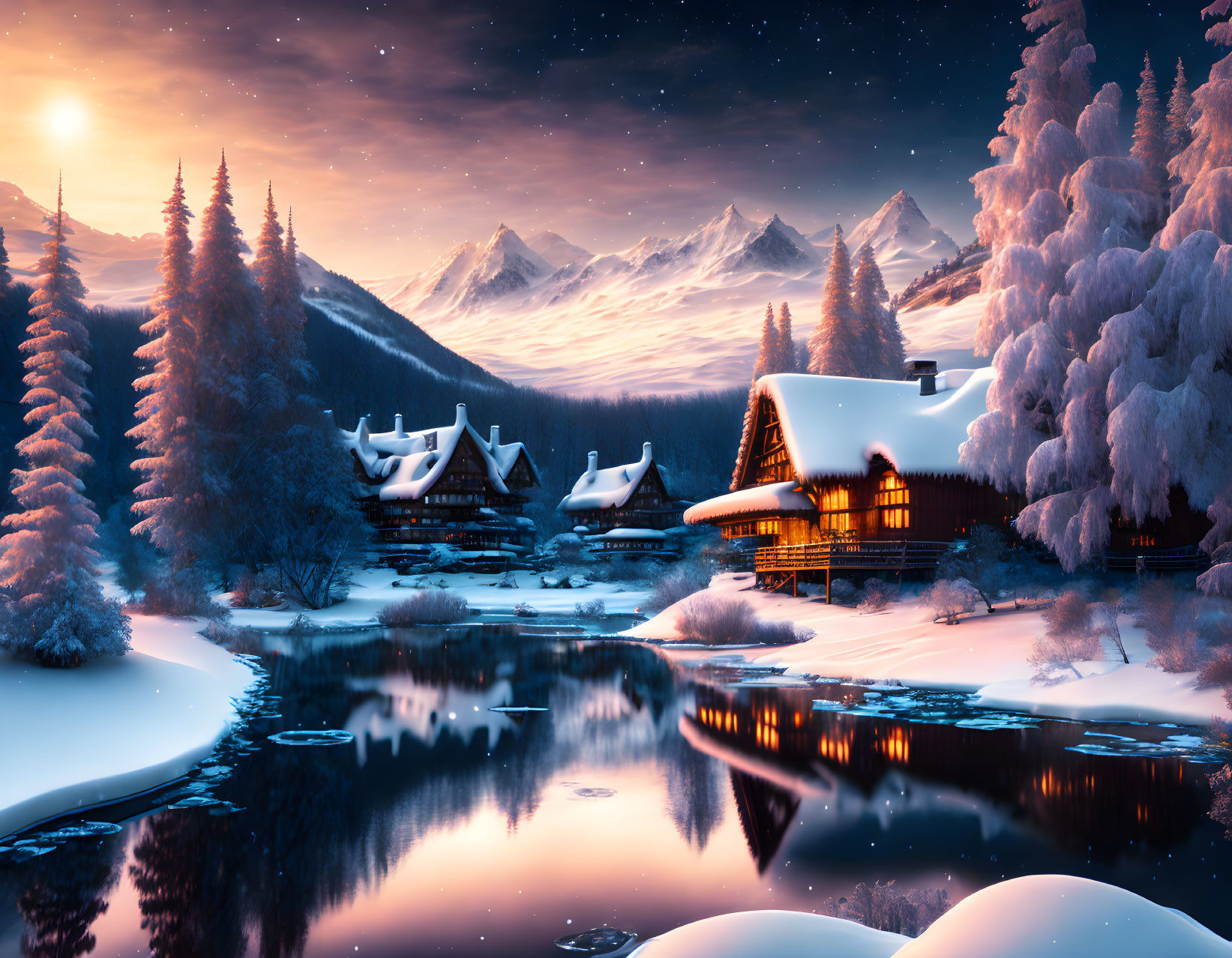 Snow-covered trees, cozy cabin, river reflection, and distant mountains in serene winter scene