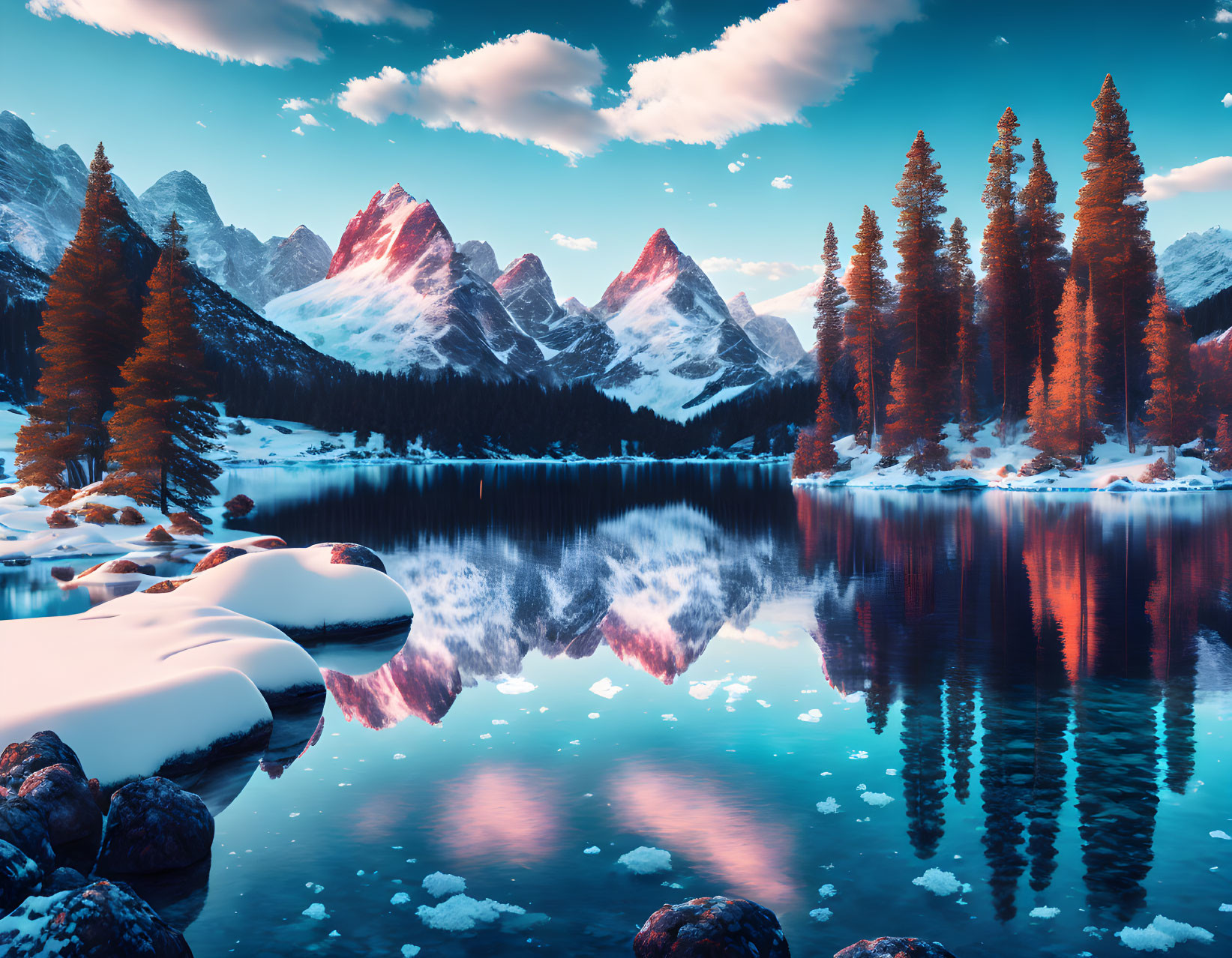 Tranquil mountain lake with snowy banks and autumnal trees at sunset