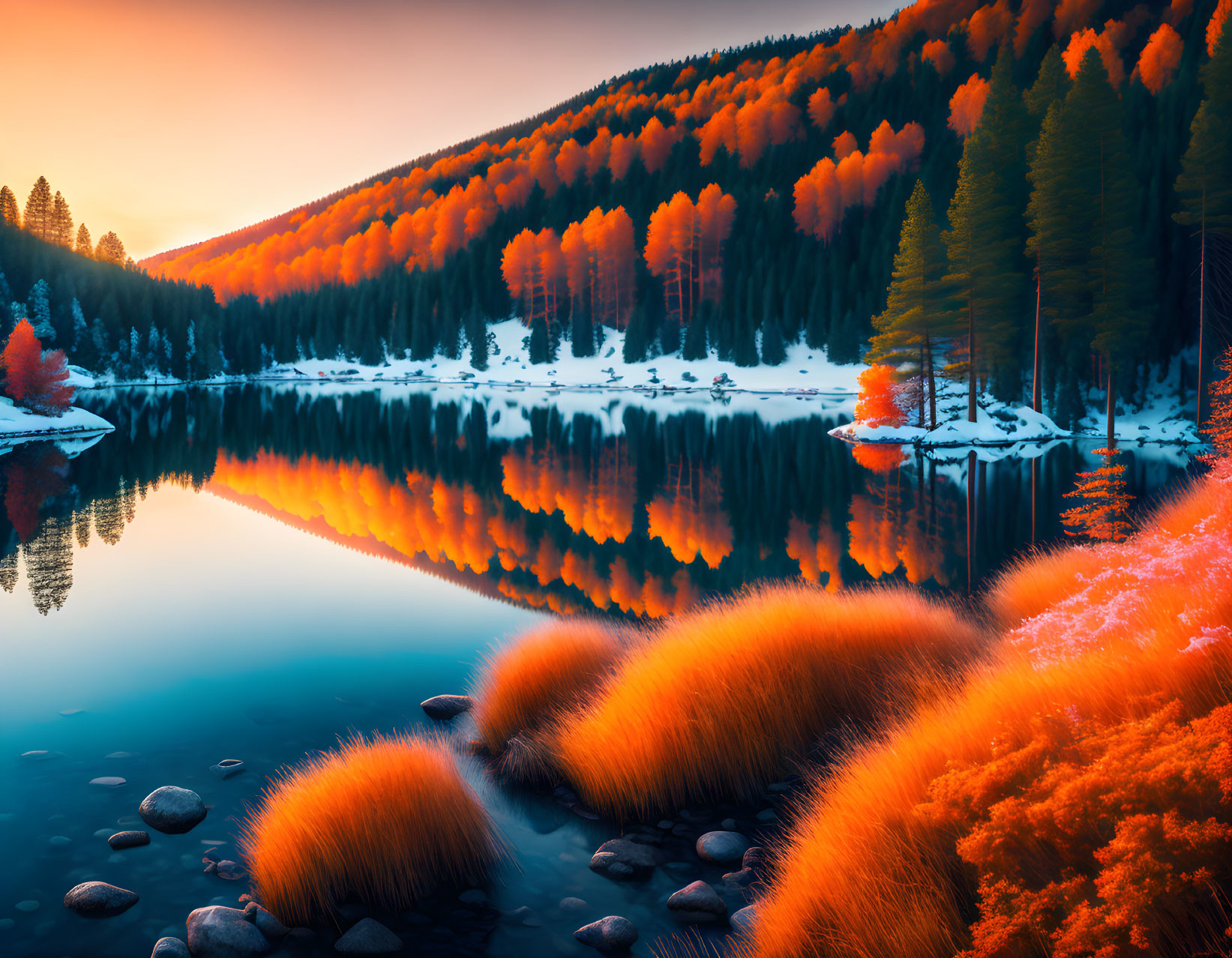 Vibrant Orange Trees Reflecting in Calm Lake Waters at Twilight