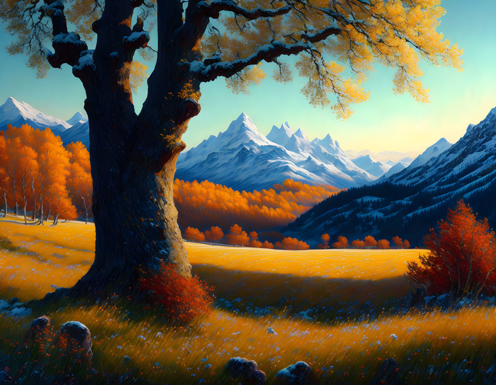 Scenic autumn landscape with large tree, golden foliage, and snow-capped mountains