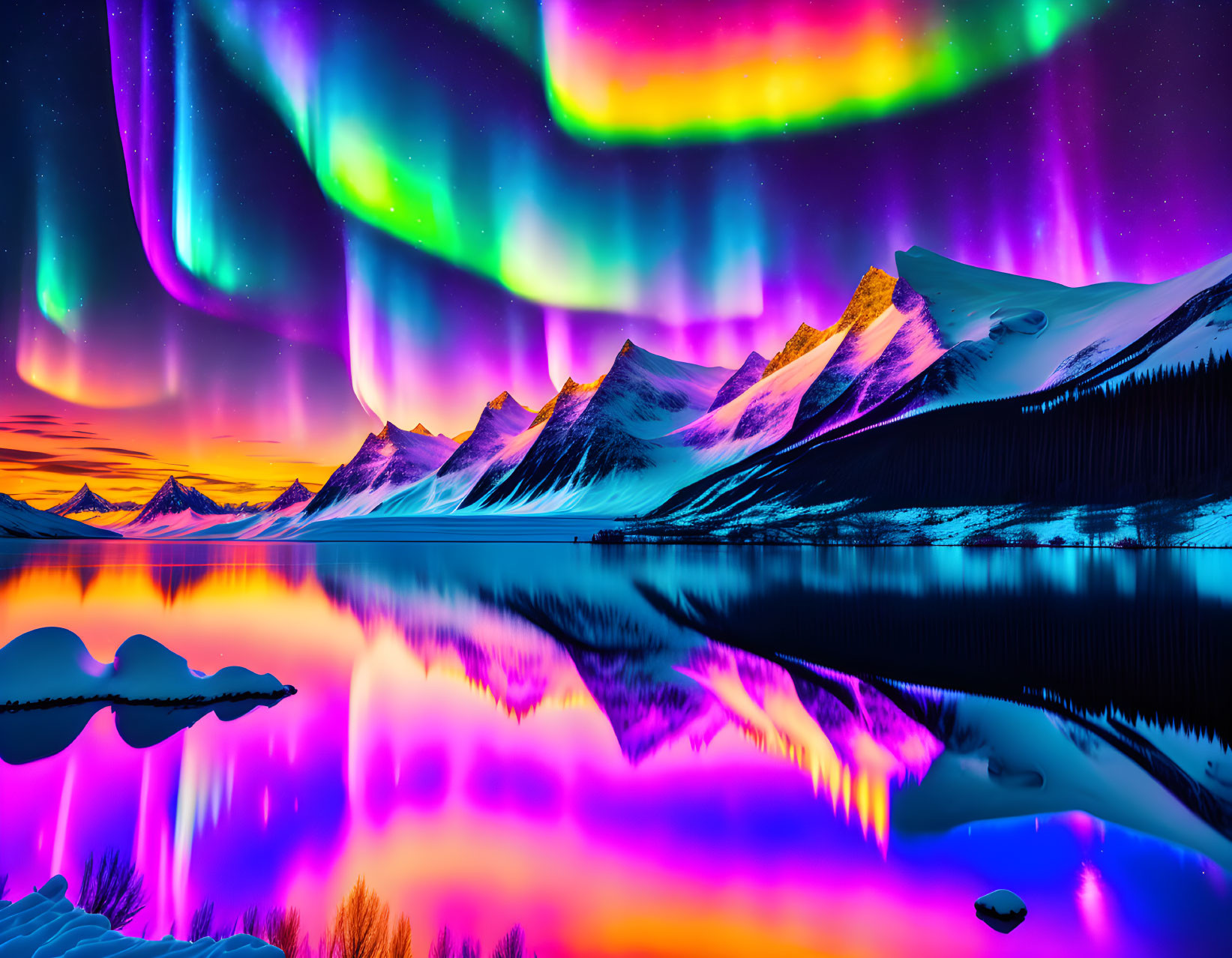 Digital Art: Aurora Borealis Over Mountain Landscape at Twilight