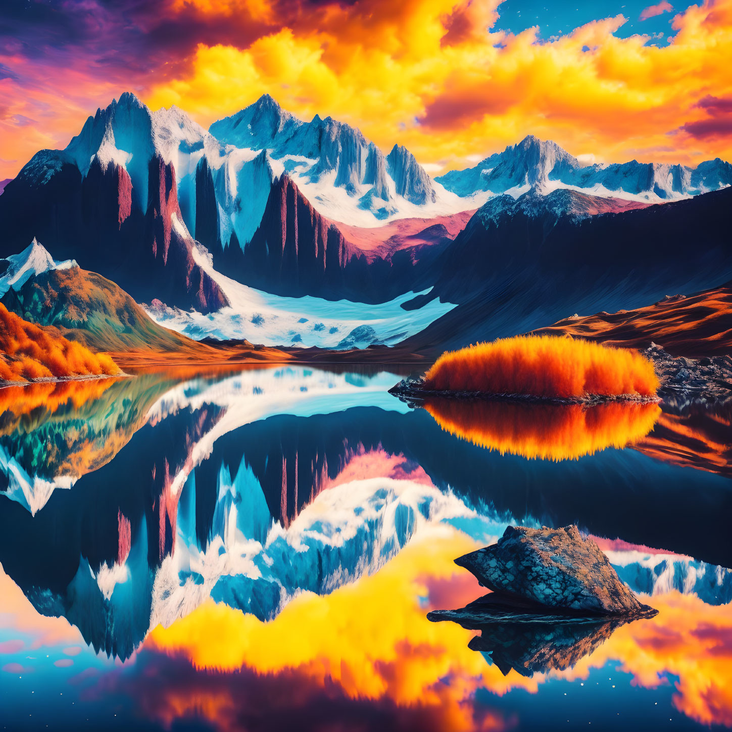 Scenic landscape: snowy mountains, serene lake, fiery sky