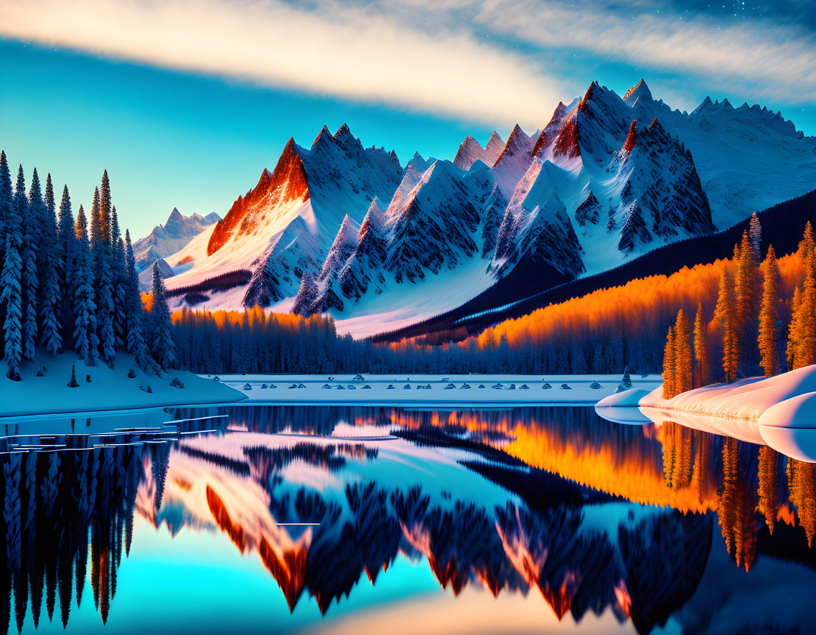 Snow-covered mountains reflected in a lake surrounded by autumn trees at twilight