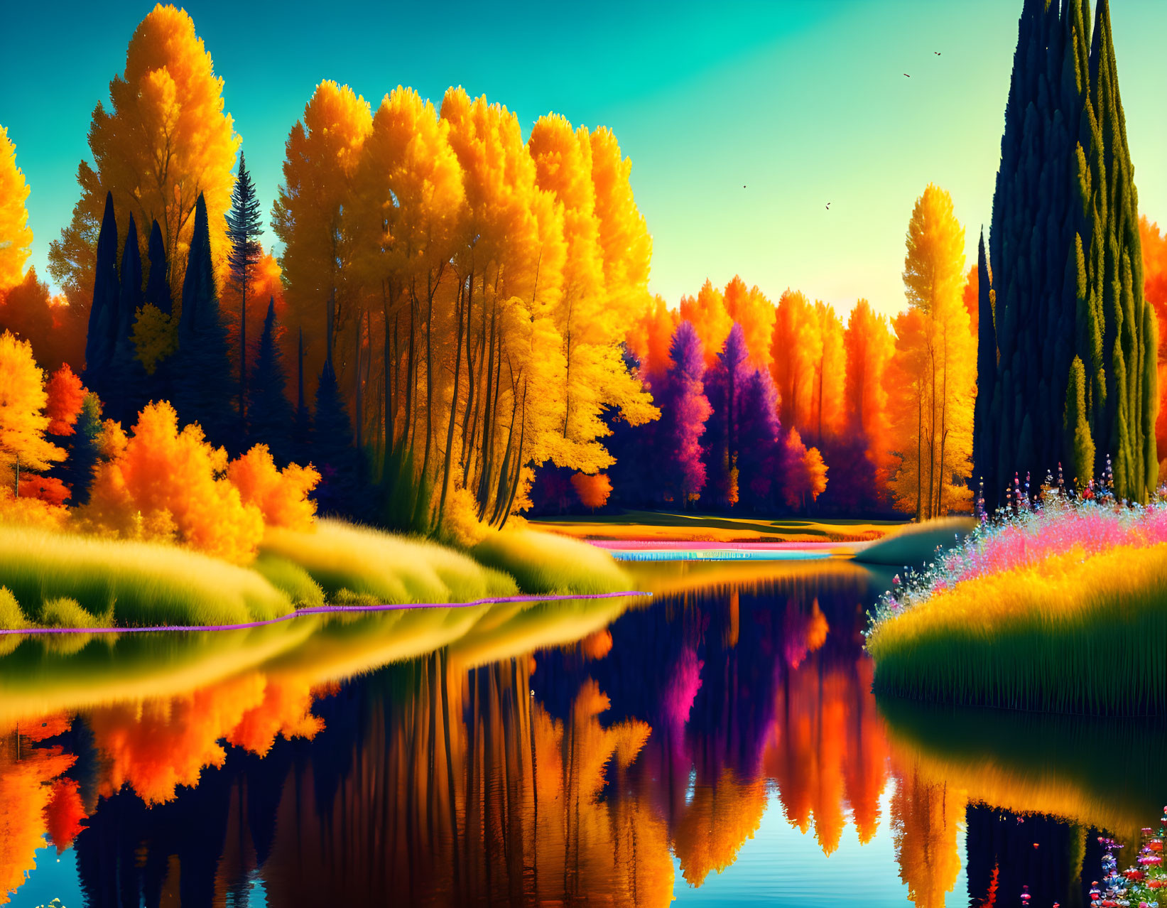 Serene autumn landscape with colorful trees by a river