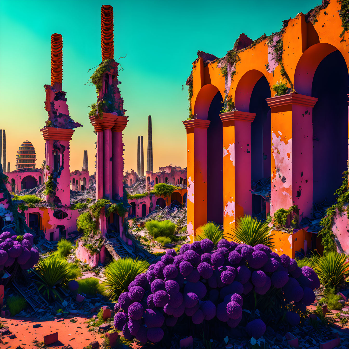 Orange Arches and Columns Amid Purple Foliage in Teal Sky