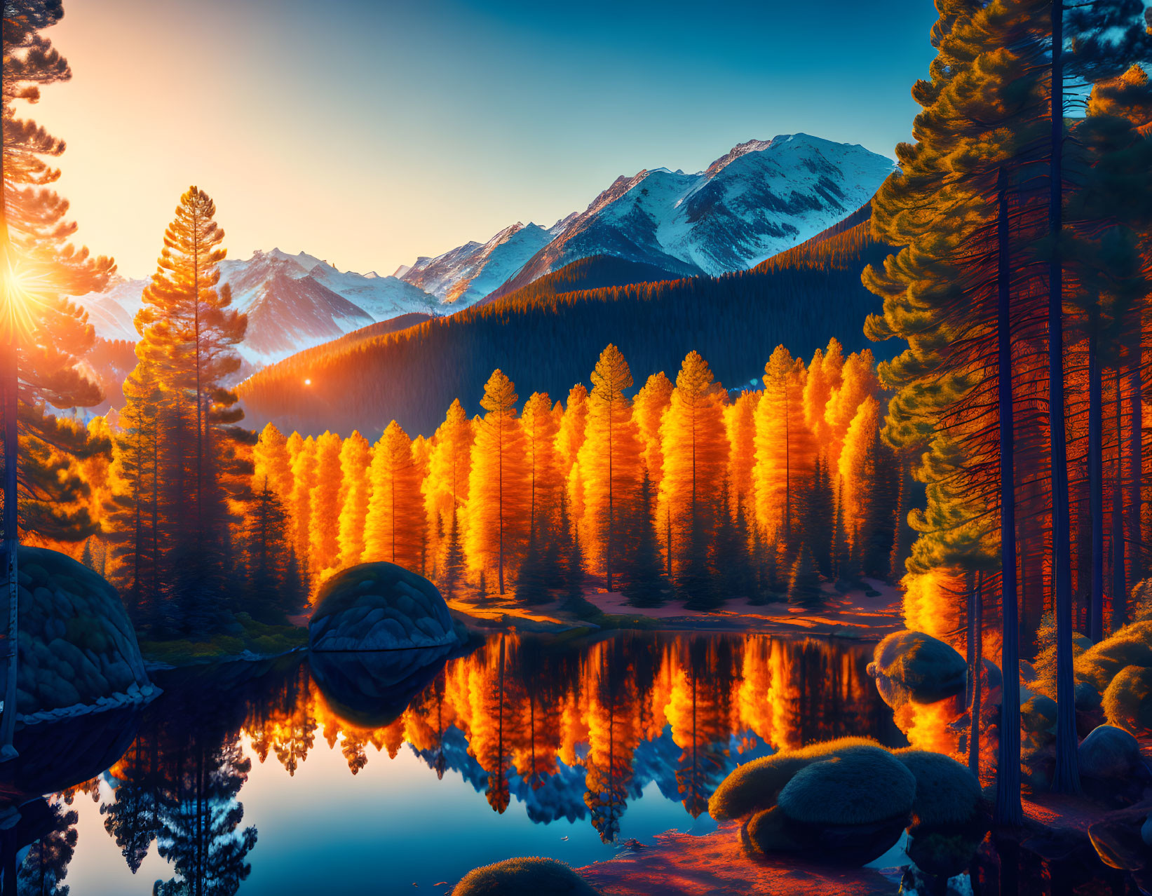 Tranquil mountain lake at sunset with golden-lit pine tree reflections