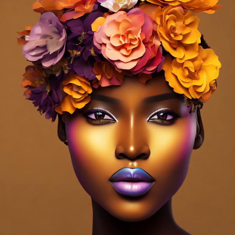 Woman with vibrant makeup and floral crown on brown background