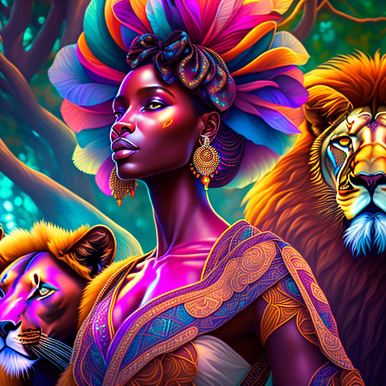 Colorful Portrait of Woman with Elaborate Headwrap and Majestic Lions