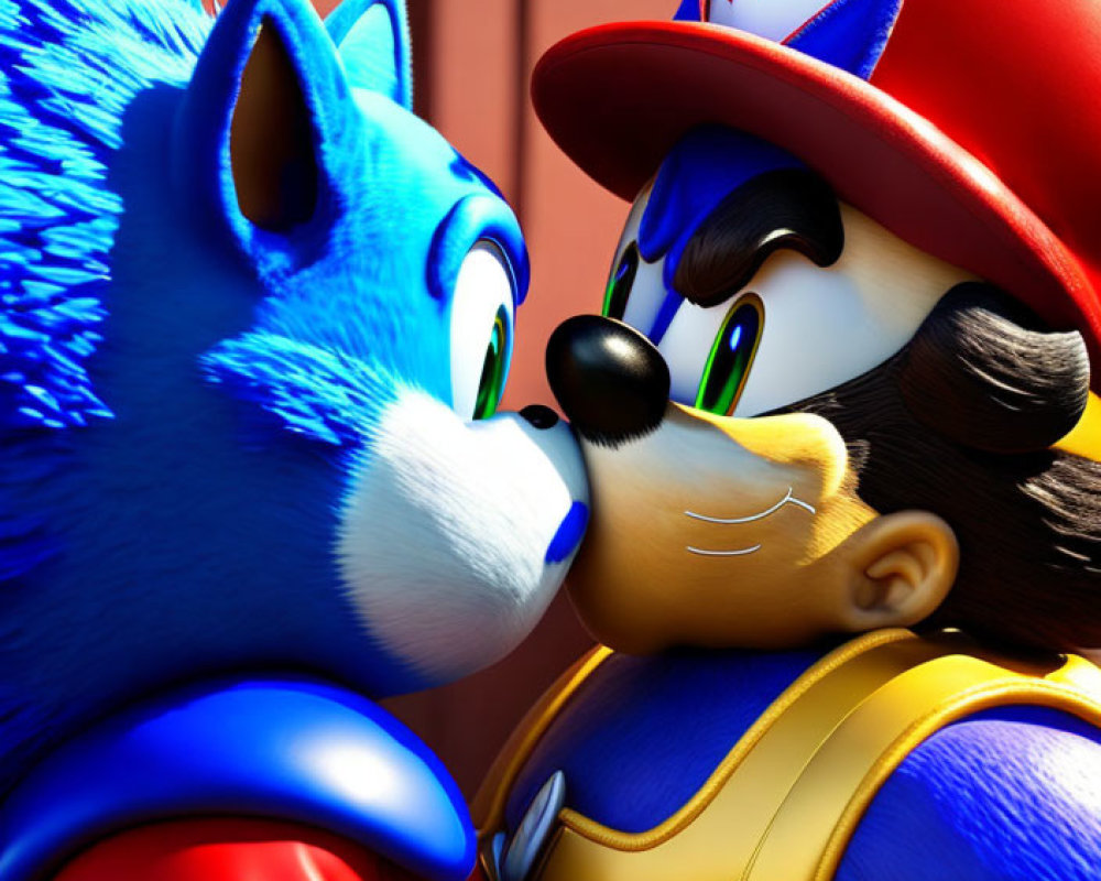 Blue anthropomorphic hedgehog and mustachioed character in red hat and overalls with intense expressions