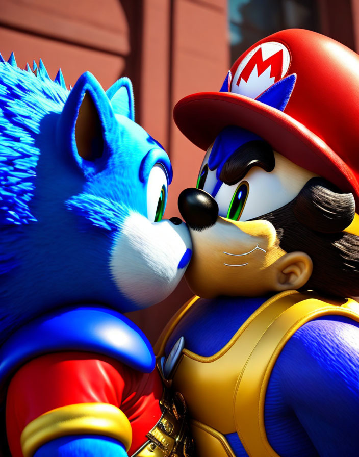 Blue anthropomorphic hedgehog and mustachioed character in red hat and overalls with intense expressions