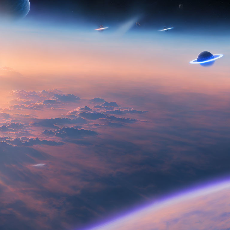 Alien sky with multiple planets and colorful atmosphere