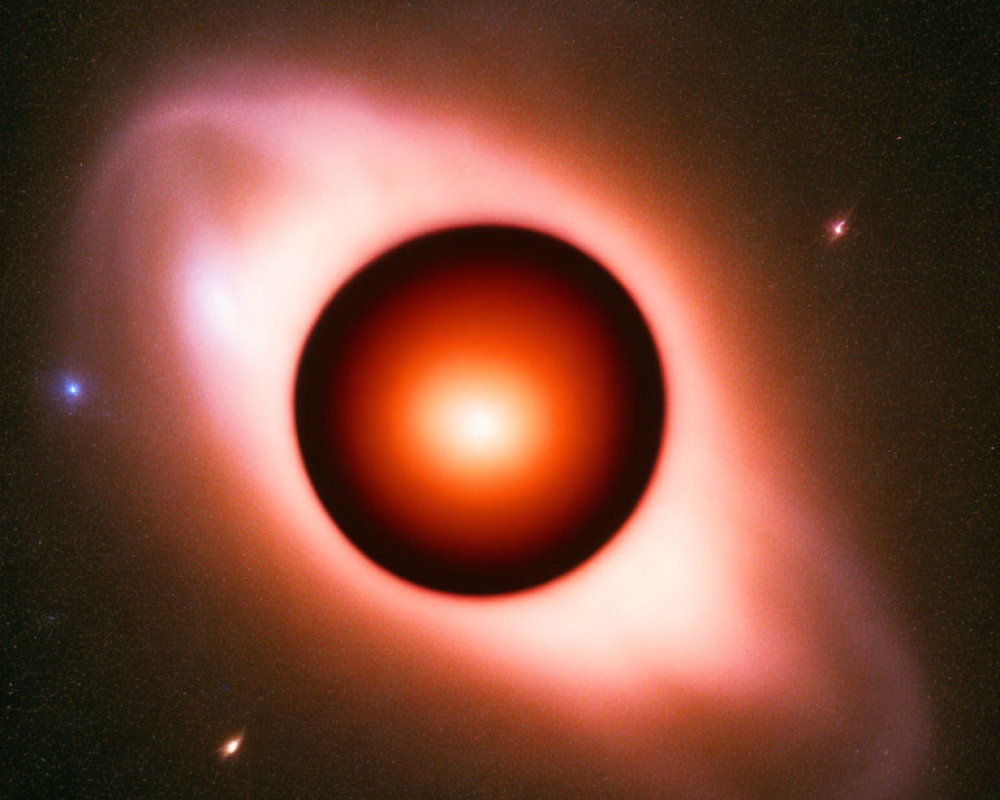 Dark spherical silhouette surrounded by vibrant orange-red accretion disk.