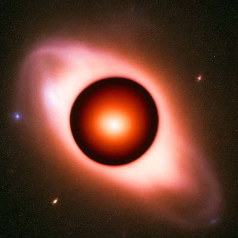 Dark spherical silhouette surrounded by vibrant orange-red accretion disk.