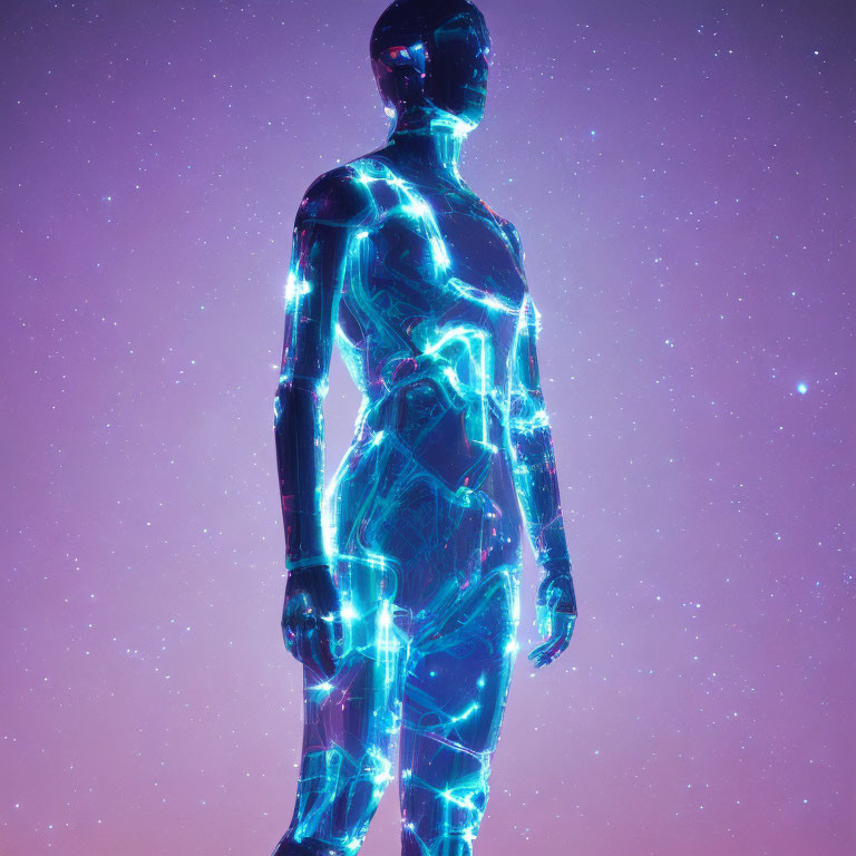 Neon blue outlined digital human silhouette on cosmic purple background