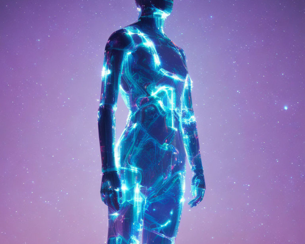 Neon blue outlined digital human silhouette on cosmic purple background