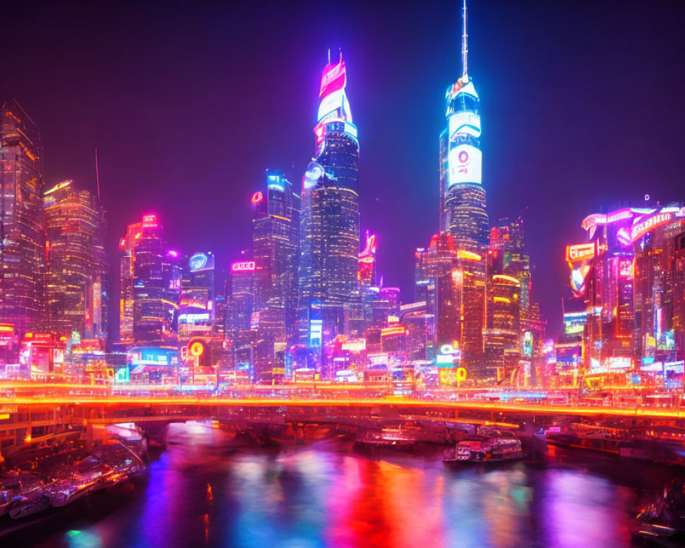 City skyline at night with neon-lit skyscrapers reflecting on river under purple sky